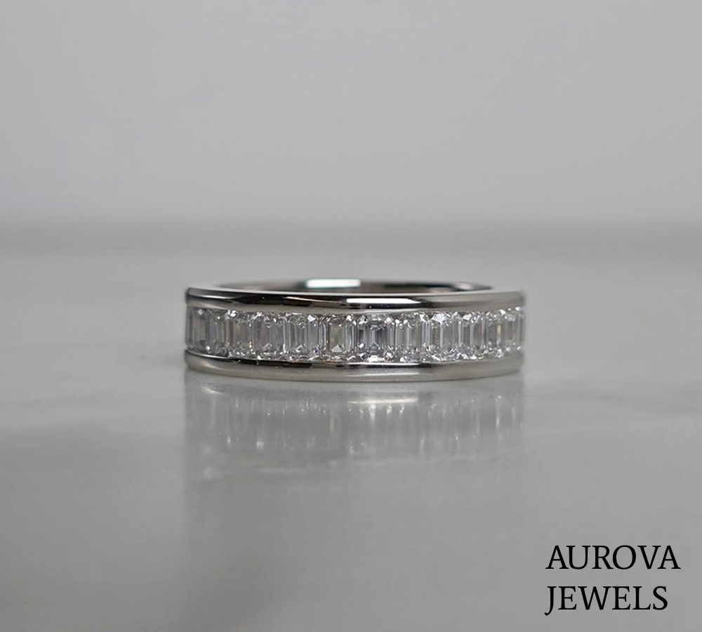 Emerald Cut Channel Set Diamond Eternity Band | Platinum Wedding Ring