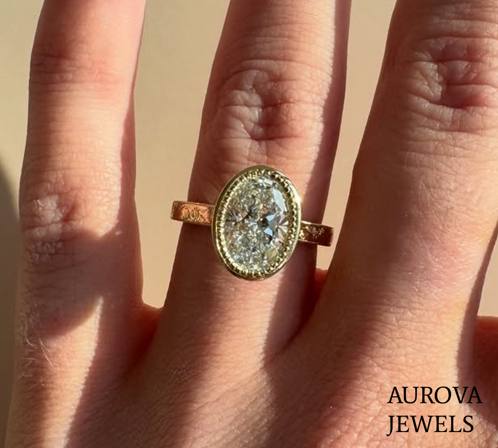 Oval Cut Halo Diamond Engagement Ring | Vintage Bezel Set Solitaire Ring Secondary image