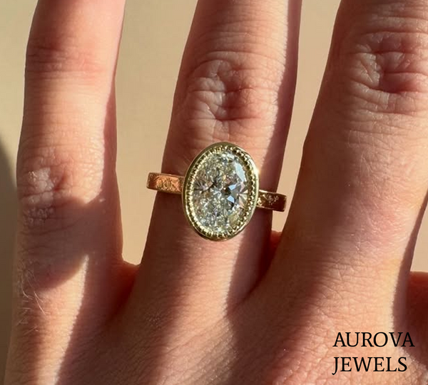 Oval Cut Halo Diamond Engagement Ring | Vintage Bezel Set Solitaire Ring