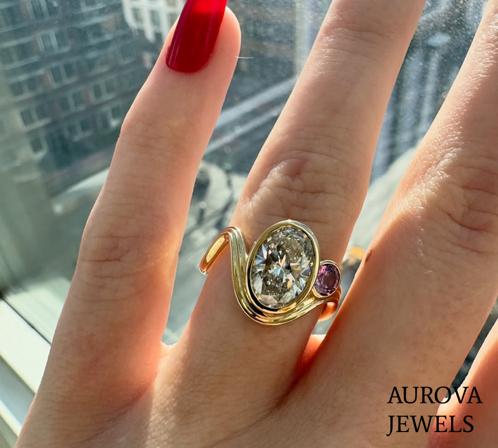 Oval Cut Bezel Set Diamond Open Ring | Modern Gold Ring Secondary image