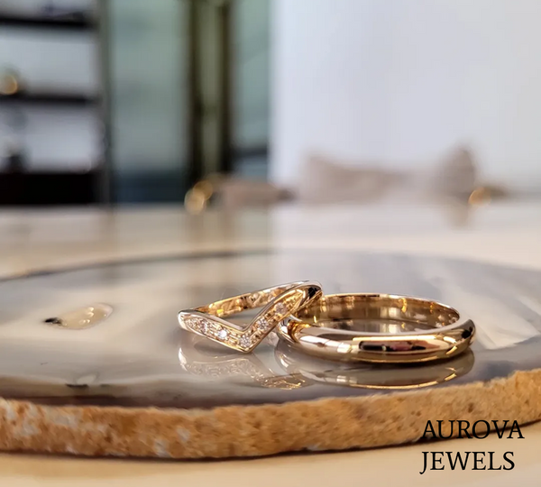 Chevron Diamond Wedding Ring Set | Curved Gold Bridal Bands