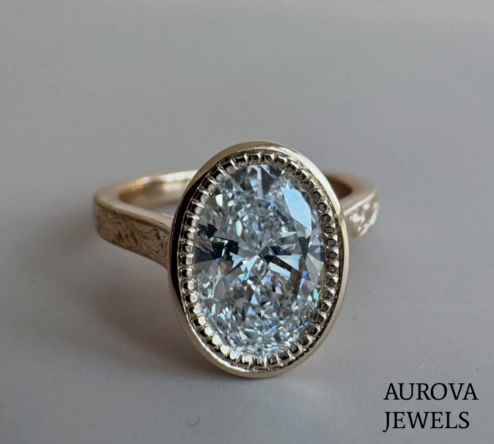 Oval Cut Halo Diamond Engagement Ring | Vintage Bezel Set Solitaire Ring