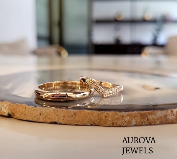 Chevron Diamond Wedding Ring Set | Curved Gold Bridal Bands