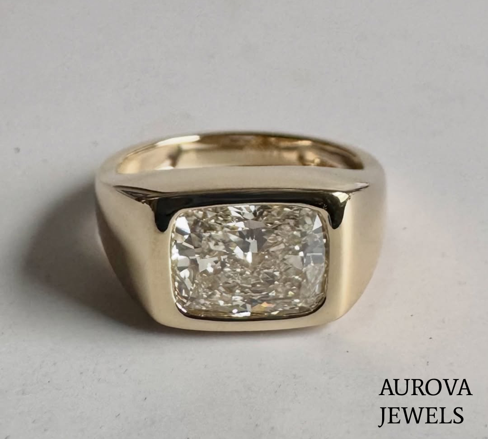 Cushion Cut Bezel Set Diamond Signet Ring | Gold Statement Ring Main image