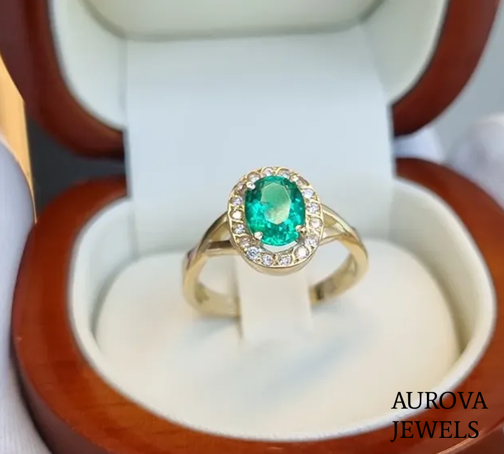 Oval Emerald Halo Engagement Ring | Diamond Halo Gold Ring