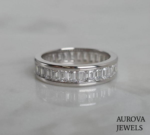 Emerald Cut Channel Set Diamond Eternity Band | Platinum Wedding Ring