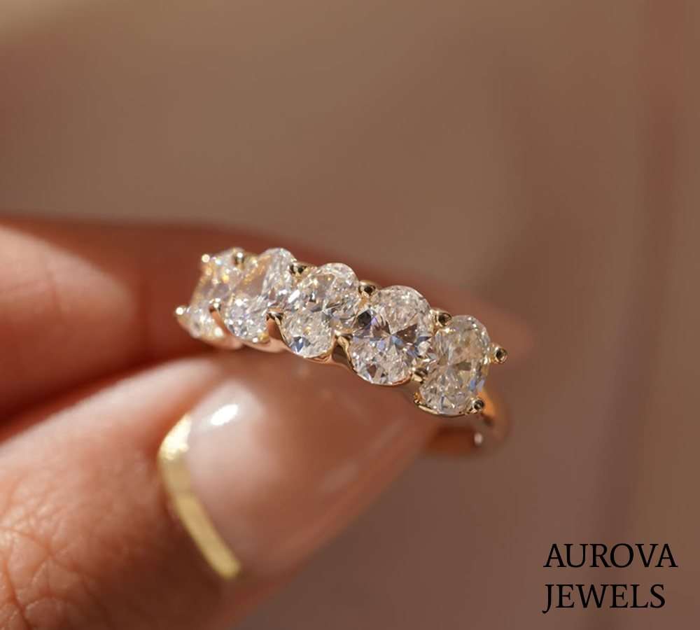 Five Stone Oval Diamond Wedding Band | Gold Anniversary Ring