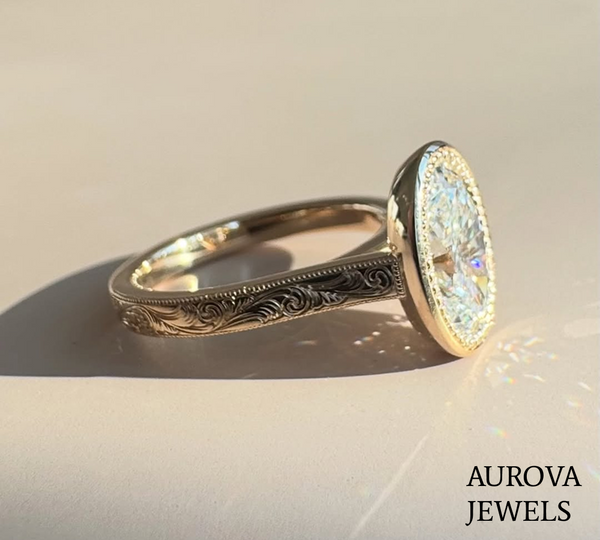 Oval Cut Halo Diamond Engagement Ring | Vintage Bezel Set Solitaire Ring