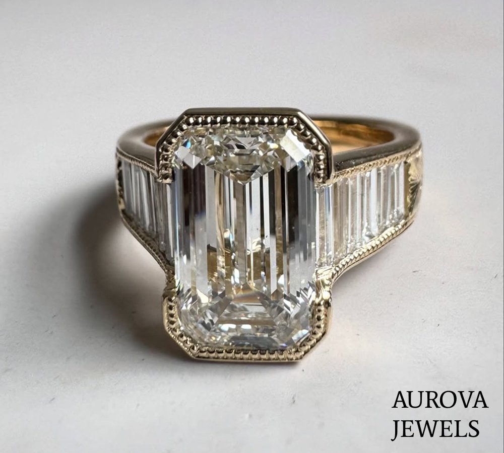 Emerald Cut Diamond Three Stone Ring | Vintage Baguette Engagement Ring Main image
