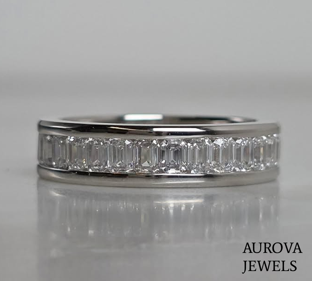 Emerald Cut Channel Set Diamond Eternity Band | Platinum Wedding Ring