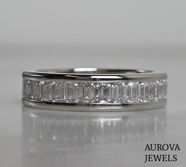 Emerald Cut Channel Set Diamond Eternity Band | Platinum Wedding Ring