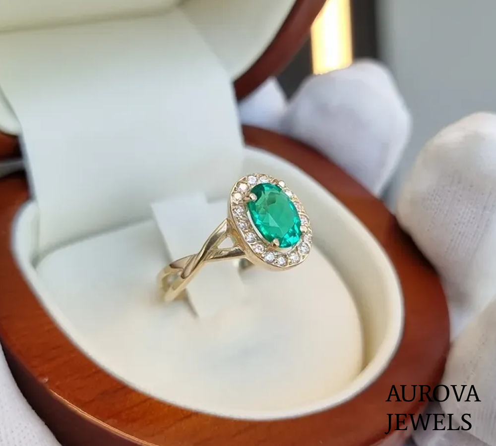 Oval Emerald Halo Engagement Ring | Diamond Halo Gold Ring