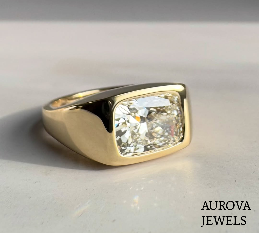 Cushion Cut Bezel Set Diamond Signet Ring | Gold Statement Ring