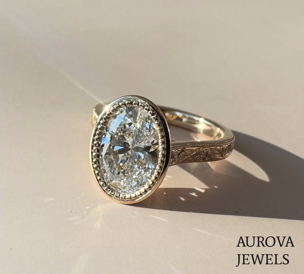 Oval Cut Halo Diamond Engagement Ring | Vintage Bezel Set Solitaire Ring Main image