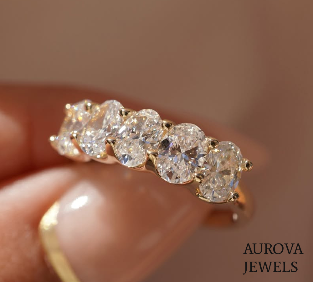 Five Stone Oval Diamond Wedding Band | Gold Anniversary Ring Main image