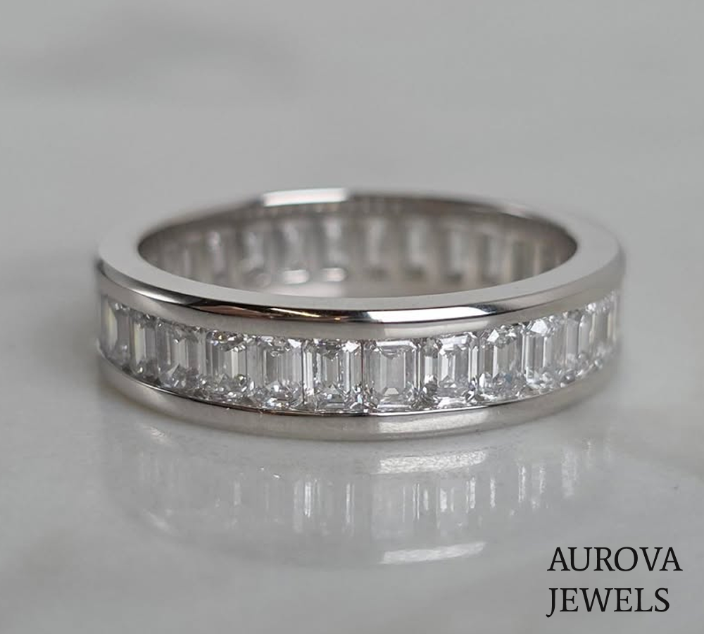 Emerald Cut Channel Set Diamond Eternity Band | Platinum Wedding Ring