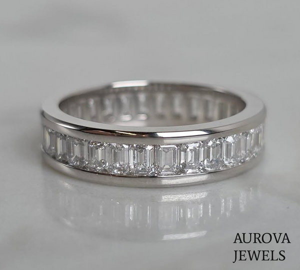 Emerald Cut Channel Set Diamond Eternity Band | Platinum Wedding Ring