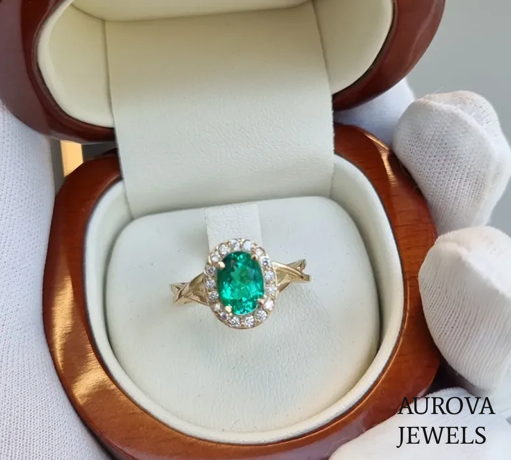 Oval Emerald Halo Engagement Ring | Diamond Halo Gold Ring