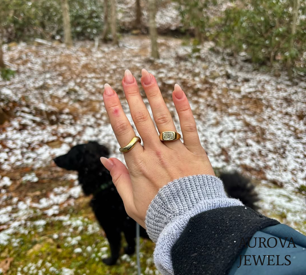Cushion Cut Bezel Set Diamond Signet Ring | Gold Statement Ring