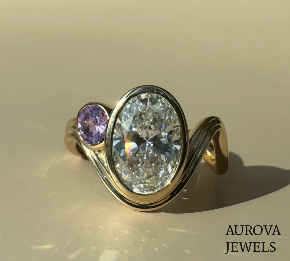 Oval Cut Bezel Set Diamond Open Ring | Modern Gold Ring