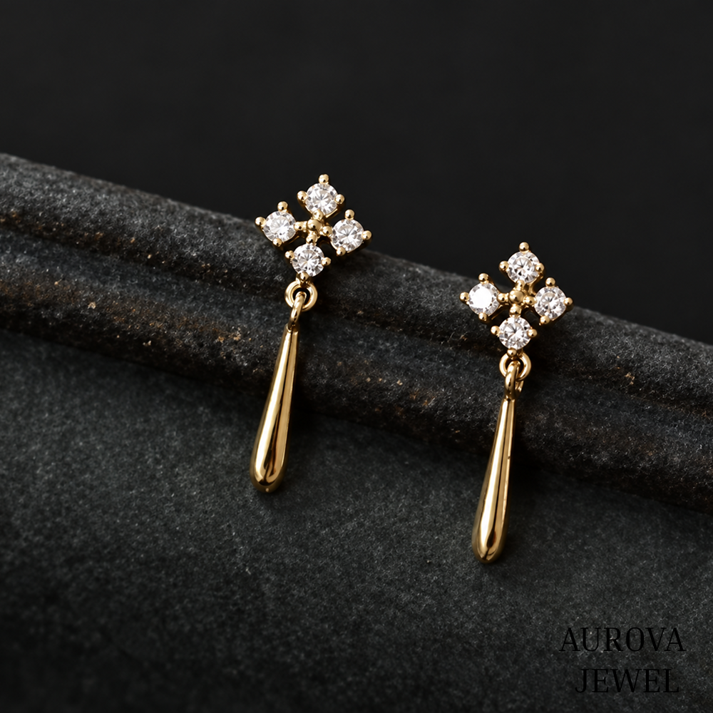 Floral Diamond Drop Earrings, 14K Yellow Gold Dangle Earrings, Round Cut Cluster Jewelry, Minimalist Wedding Gift for Her
