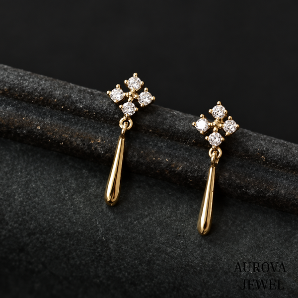Floral Diamond Drop Earrings, 14K Yellow Gold Dangle Earrings, Round Cut Cluster Jewelry, Minimalist Wedding Gift for Her