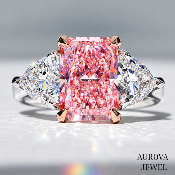 Pink Radiant Cut Engagement Ring, Three Stone Diamond Ring, Pear Side Stones, Unique Bridal Gift for Her