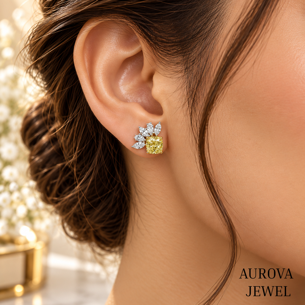 Yellow Cushion Diamond Stud Earrings, Marquise Cluster Floral Studs, 14K Gold Bridal Jewelry, Anniversary Gift for Her
