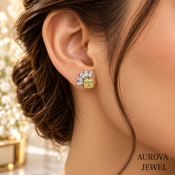Yellow Cushion Diamond Stud Earrings, Marquise Cluster Floral Studs, 14K Gold Bridal Jewelry, Anniversary Gift for Her