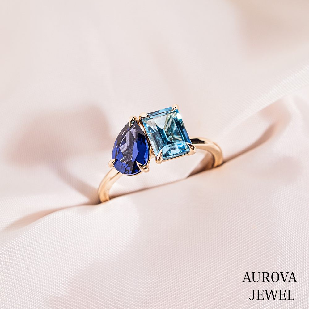 Toi et Moi Blue Sapphire & Aquamarine Ring in Gold – Pear and Emerald Cut Gemstone Statement Ring | Aurova Jewel