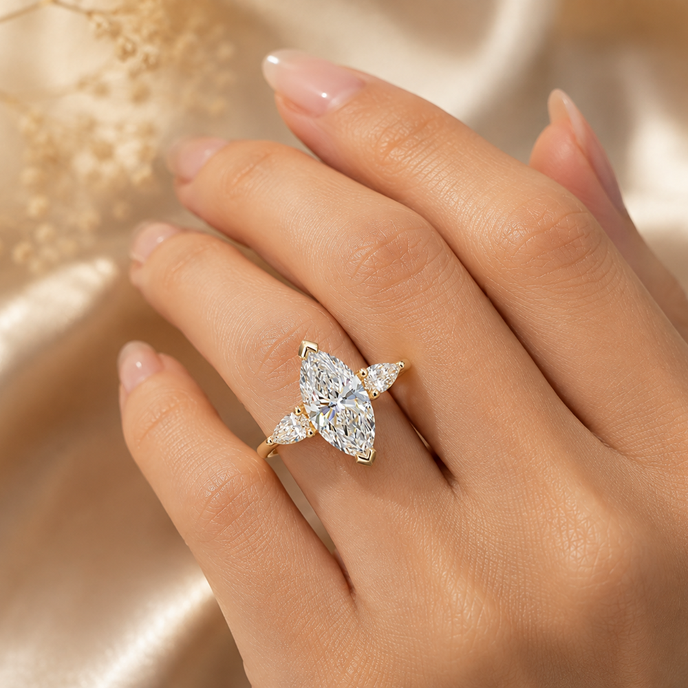 Marquise Cut 3-Stone Diamond Ring with Pear Side Stones | Aurova Jewel