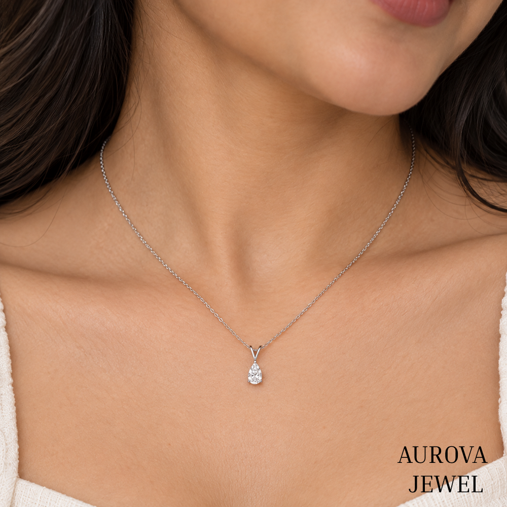 Pear Cut Solitaire Necklace, Dainty Silver Teardrop Pendant, White Gemstone Necklace, Minimalist Bridal Jewelry Gift for Her