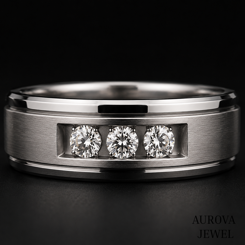 Men's 3 Stone Diamond Ring, Round Cut Diamond Wedding Band, Solid Gold Men's Engagement Ring, Anniversary Gift for Husband