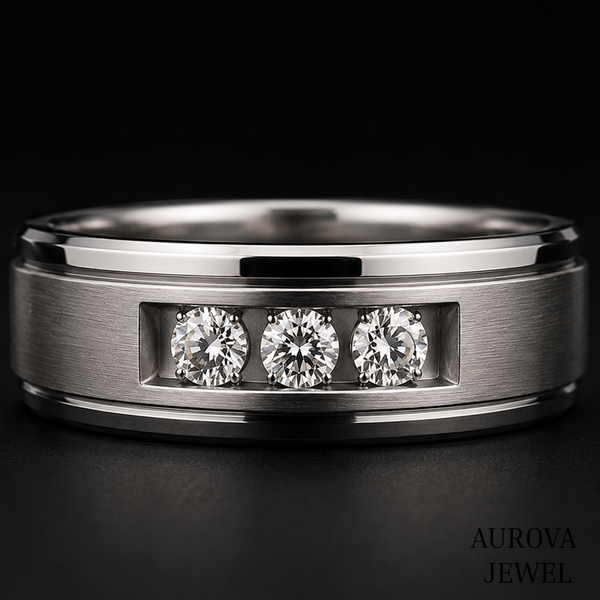 Men's 3 Stone Diamond Ring, Round Cut Diamond Wedding Band, Solid Gold Men's Engagement Ring, Anniversary Gift for Husband