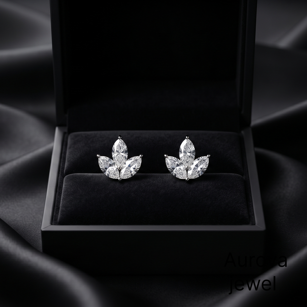 Marquise Cut Diamond Floral Stud Earrings | Elegant Diamond Flower Earrings Main image