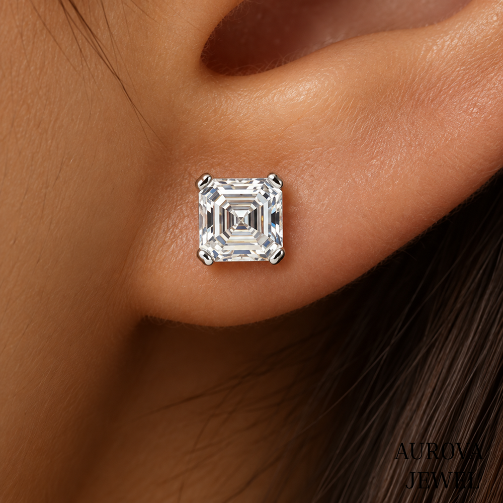 Asscher Cut Diamond Stud Earrings, 14K White Gold Solitaire Studs, Minimalist Bridal Jewelry, Gift for Her