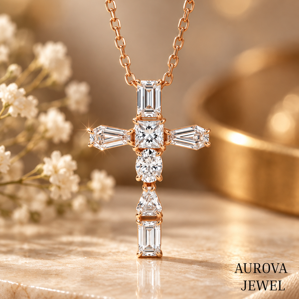 Cross Pendant Necklace, Mixed Cut White Gemstone Cross, Rose Gold Necklace, Christian Jewelry, Religious Gift for Her
