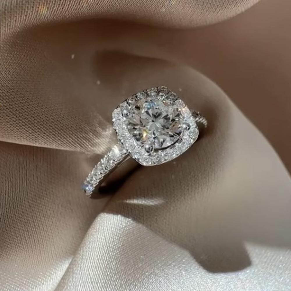 Round Cut Halo Diamond Engagement Ring with Pavé Band | Cushion Halo Bridal Ring