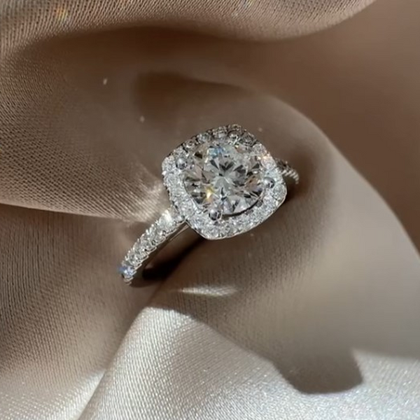 Round Cut Halo Diamond Engagement Ring with Pavé Band | Cushion Halo Bridal Ring