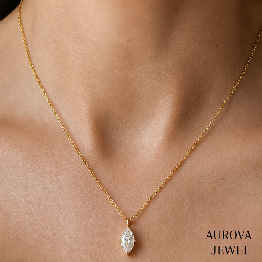 Marquise Diamond Necklace, 14K Solid Gold Solitaire Pendant, Minimalist Bridal Jewelry, Dainty Anniversary Gift for Her