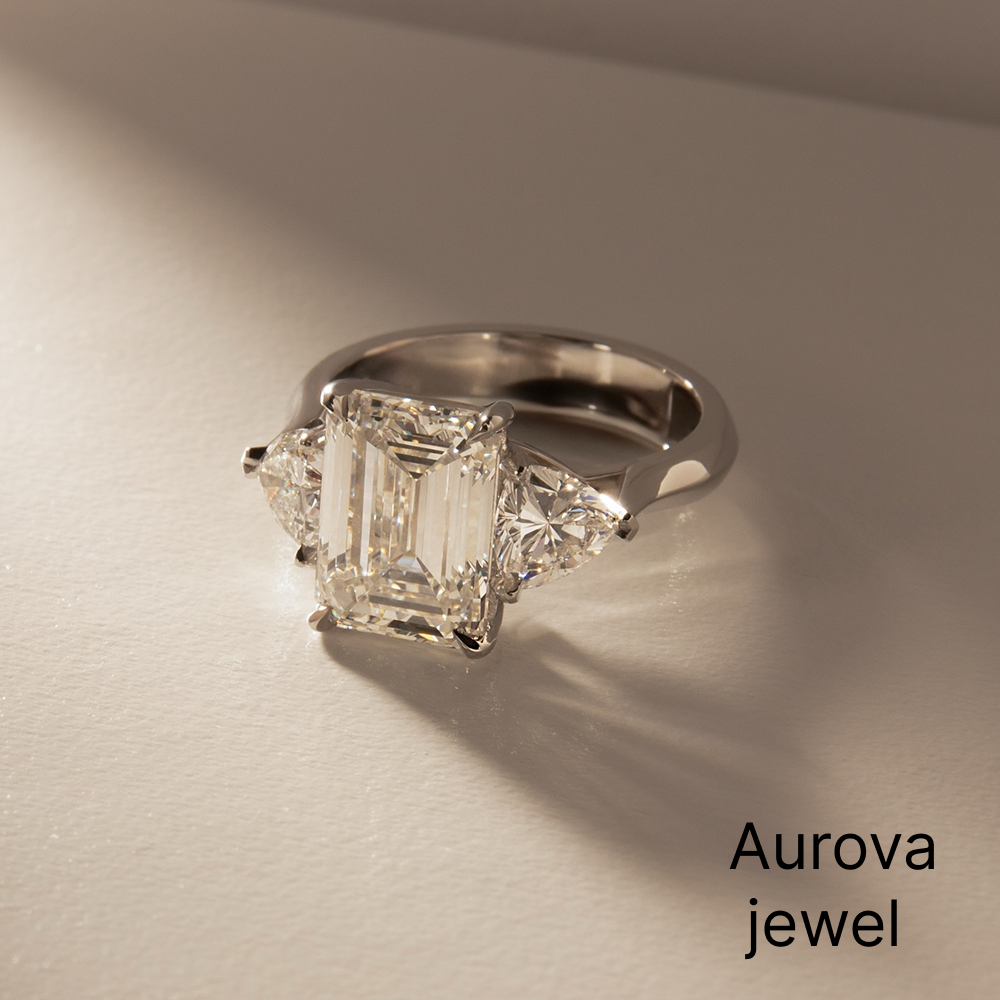 Emerald Cut Three Stone Diamond Ring with Trapezoid Side Stones | Aurova Jewel