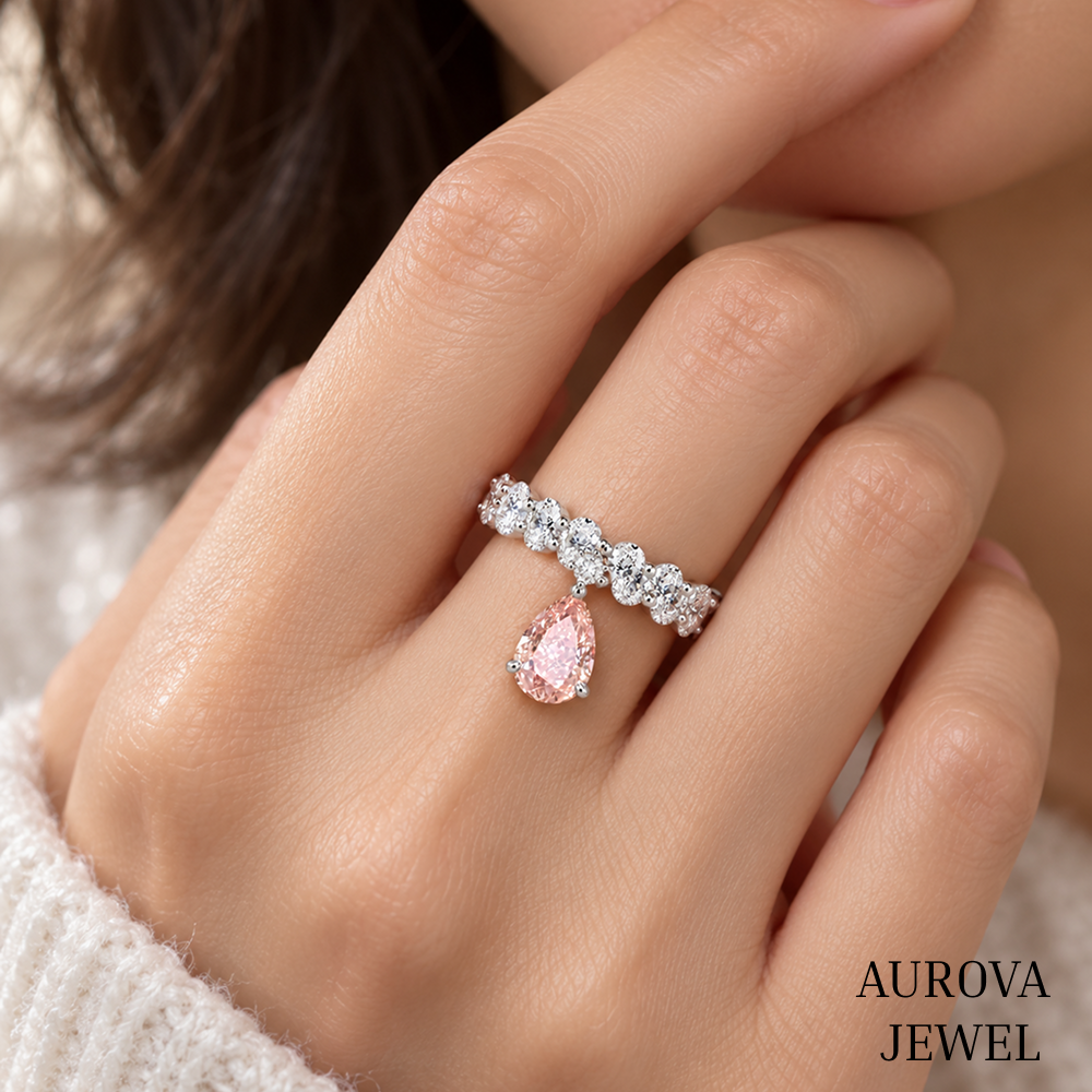 Pink Pear Diamond Ring, 14K Solid Gold Dangle Ring, Oval & Round Stones, Unique Bridal Jewelry, Anniversary Gift for Her Secondary image