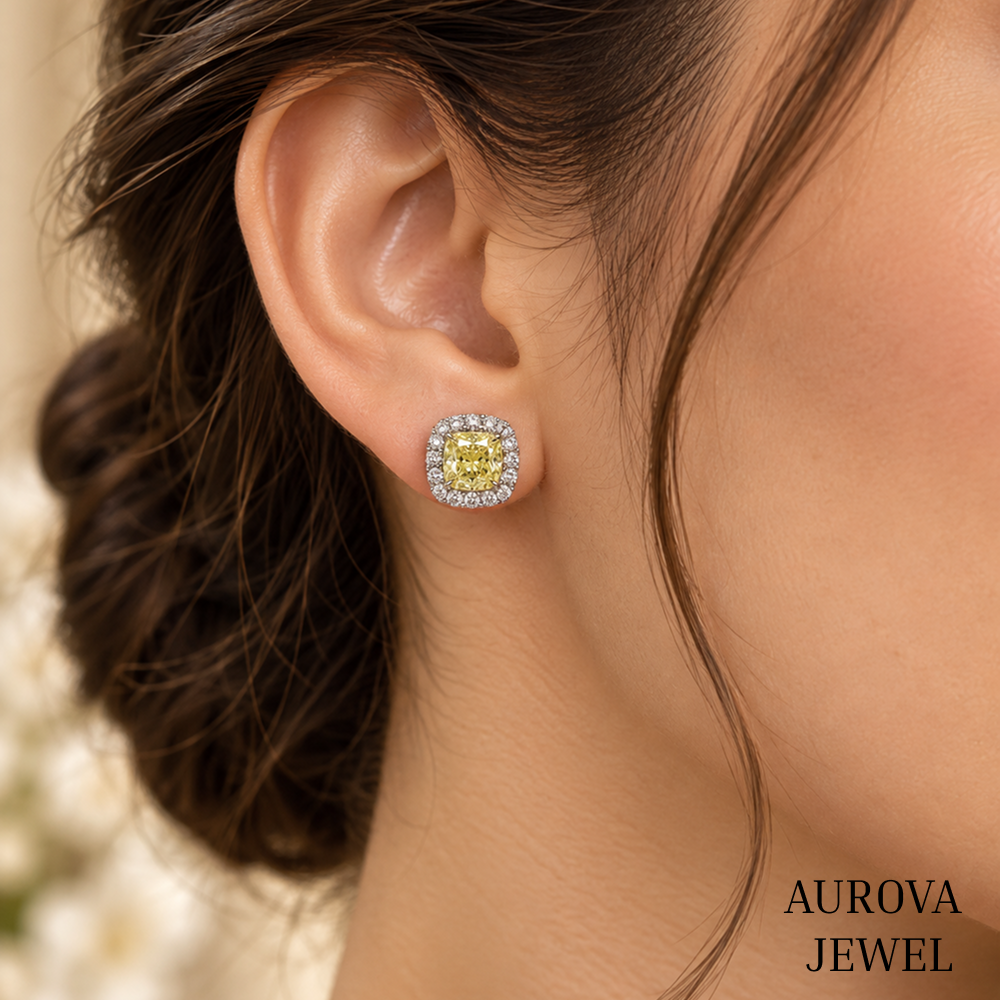 Yellow Cushion Diamond Stud Earrings, Halo Setting, 14K Solid Gold Bridal Jewelry, Luxury Anniversary Gift for Her, Wedding Earrings