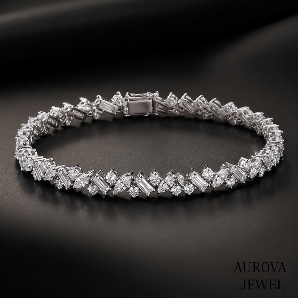 Mixed Cut Diamond Tennis Bracelet, 14K Solid Gold, Marquise Baguette & Round Stones, Bridal Jewelry, Anniversary Gift for Her