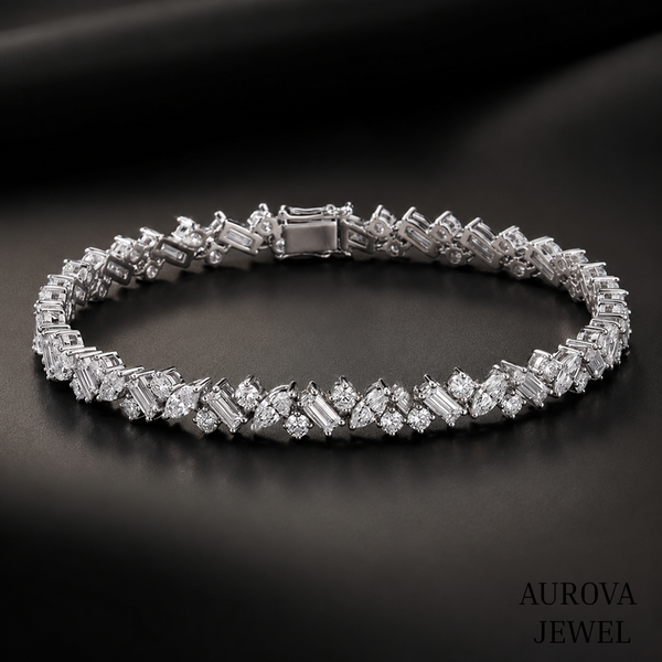 Mixed Cut Diamond Tennis Bracelet, 14K Solid Gold, Marquise Baguette & Round Stones, Bridal Jewelry, Anniversary Gift for Her