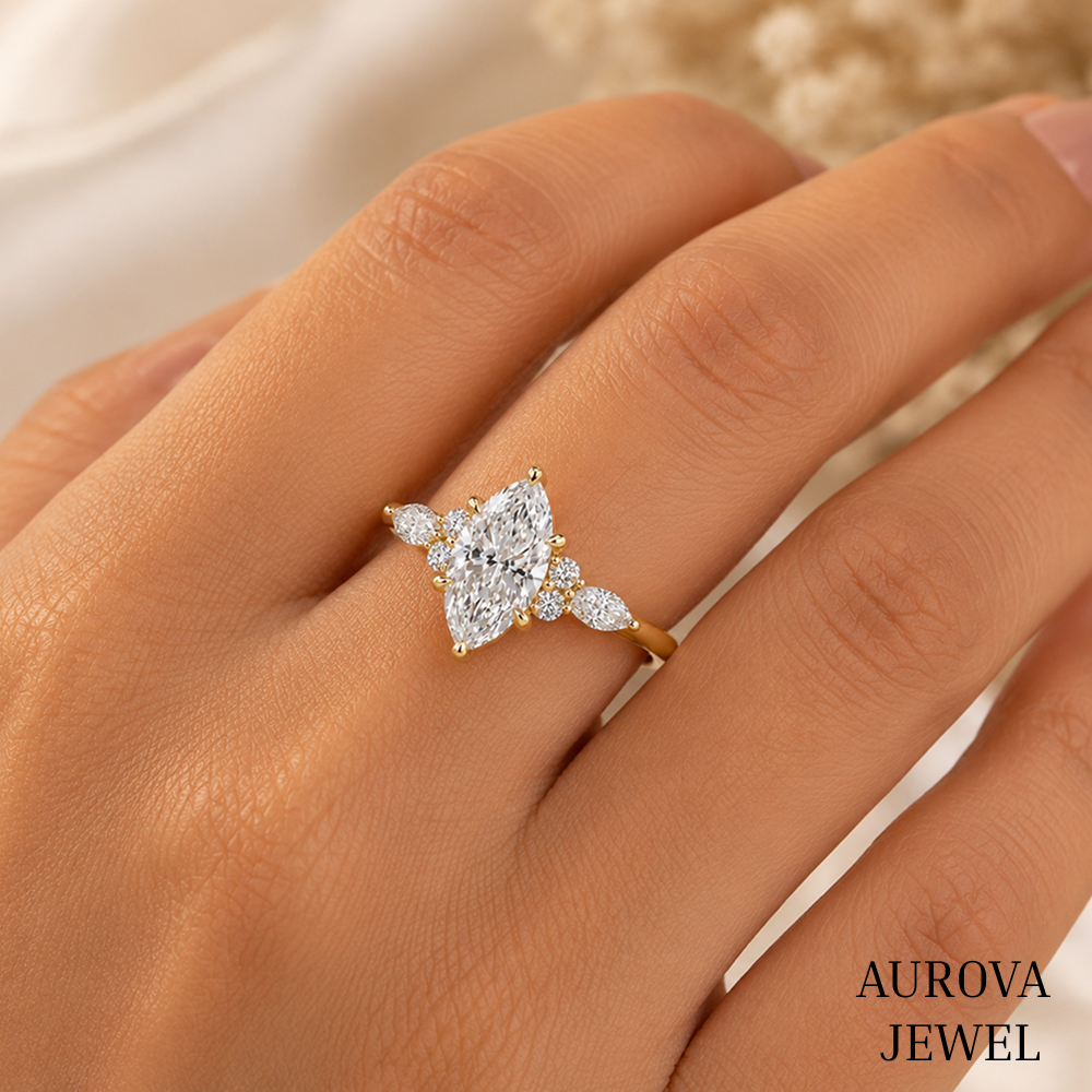 Marquise Diamond Engagement Ring, 14K Solid Gold Cluster Setting, Pear Side Stones, Unique Bridal Jewelry, Anniversary Gift for Her
