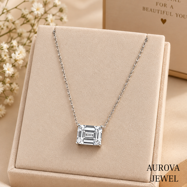 Asscher Cut Solitaire Necklace, Silver Square Pendant, Dainty White Gemstone Necklace, Minimalist Bridal Jewelry Gift for Her