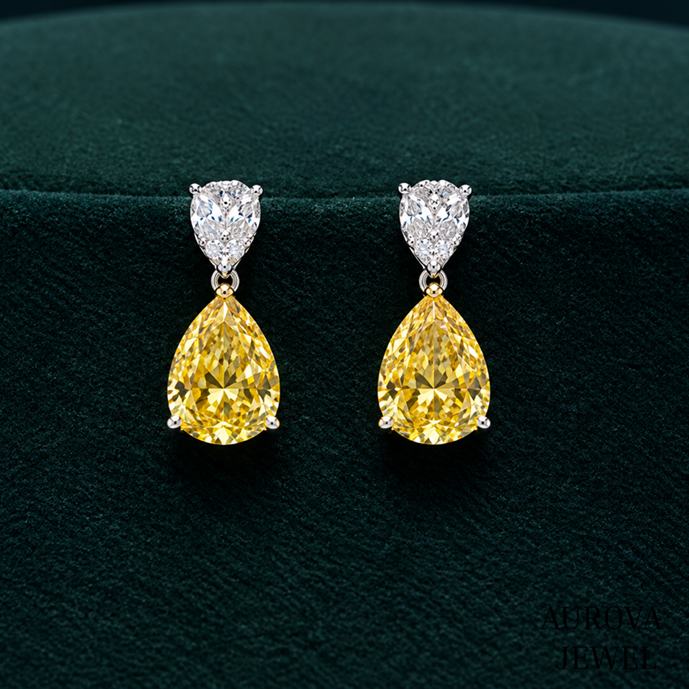 Yellow Pear Cut Drop Earrings, 14K Gold Dangle Earrings, Two Stone Bridal Jewelry, Elegant Wedding Gift for Her