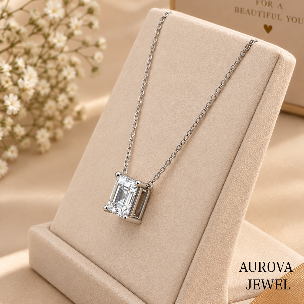 Asscher Cut Solitaire Necklace, Silver Square Pendant, Dainty White Gemstone Necklace, Minimalist Bridal Jewelry Gift for Her
