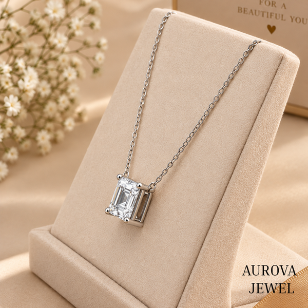 Asscher Cut Solitaire Necklace, Silver Square Pendant, Dainty White Gemstone Necklace, Minimalist Bridal Jewelry Gift for Her
